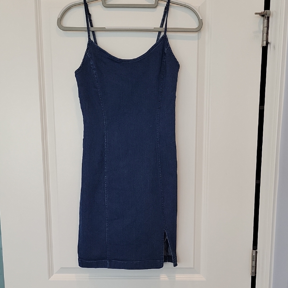 Denim Slip Mini Dress with Side Slit - Navy